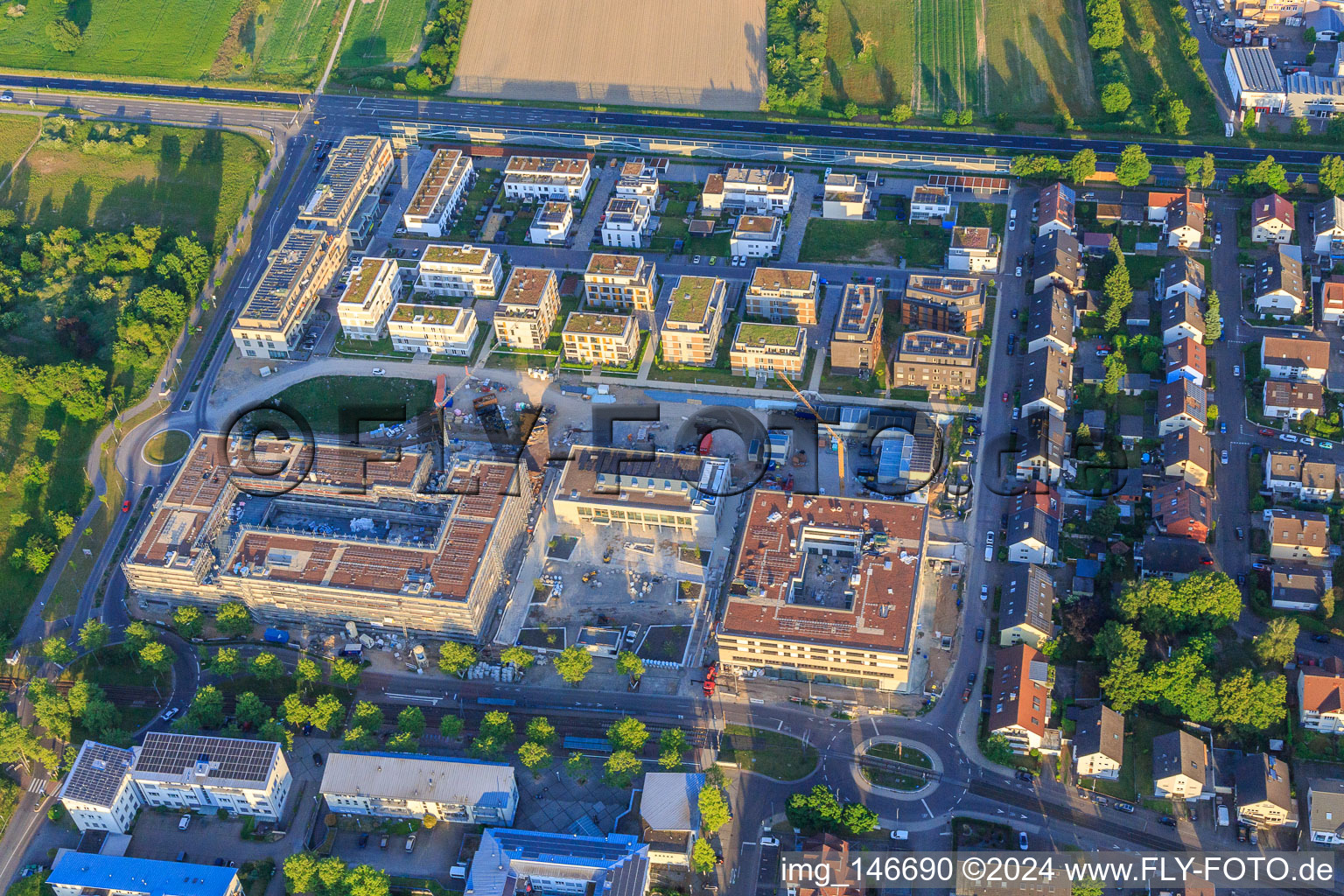 Oblique view of New buildings on Emil-Wachter-Straße in the district Mörsch in Rheinstetten in the state Baden-Wuerttemberg, Germany