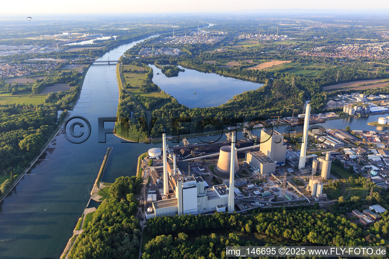 Rhine between Rheinhafen steam power station Karlsruhe and Rhine bridges near Maxau in the district Knielingen in Karlsruhe in the state Baden-Wuerttemberg, Germany