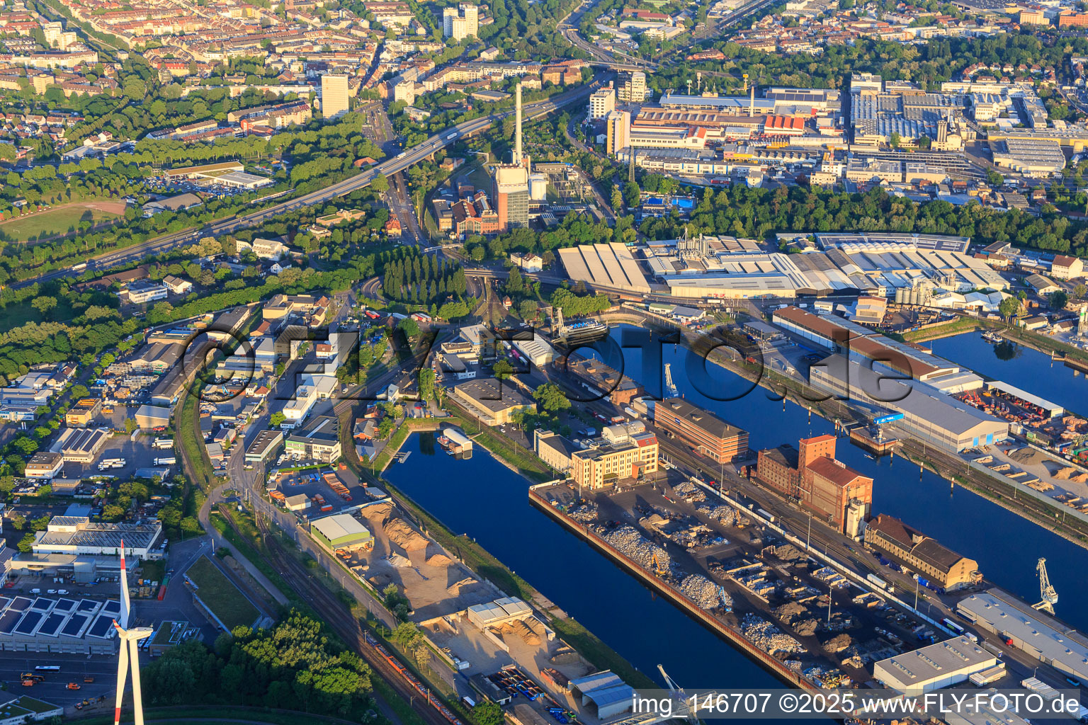 Rhine ports with Werftstraße and Municipal Power Plant and Combined Heat and Power Station West in the district Mühlburg in Karlsruhe in the state Baden-Wuerttemberg, Germany