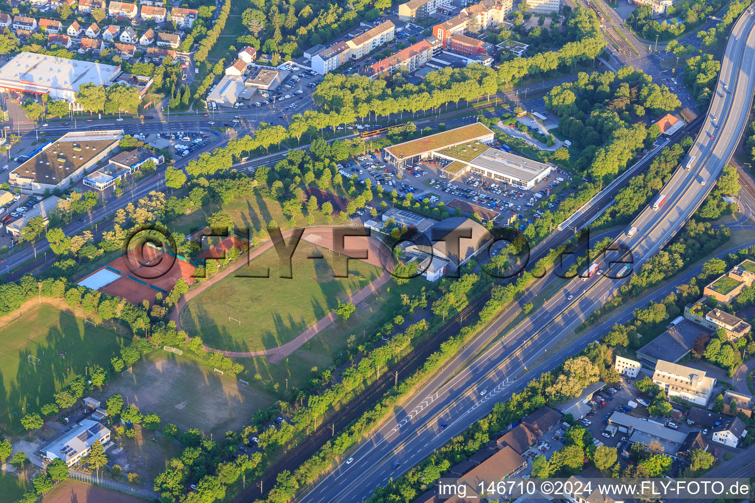 Sports fields of the Turnerschaft Mühlburg 1861 eV and Auto Zschernitz GmbH in the district Mühlburg in Karlsruhe in the state Baden-Wuerttemberg, Germany