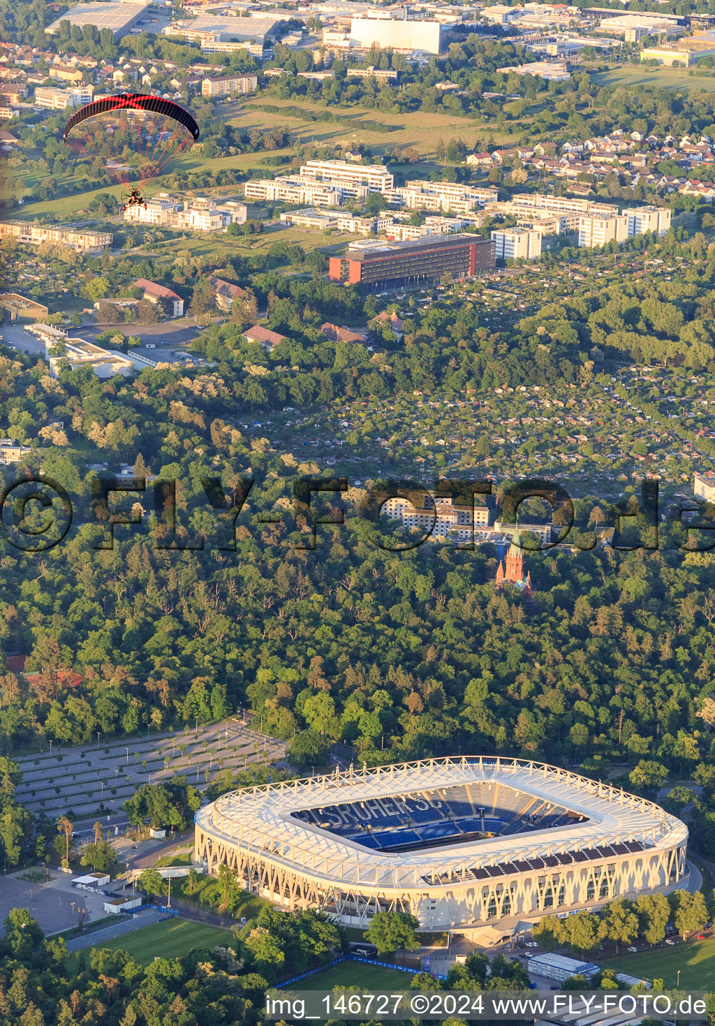 Aerial view of Football stadium BBBank Wildpark of the KSC - Karlsruher Sport-Club in the district Innenstadt-Ost in Karlsruhe in the state Baden-Wuerttemberg, Germany