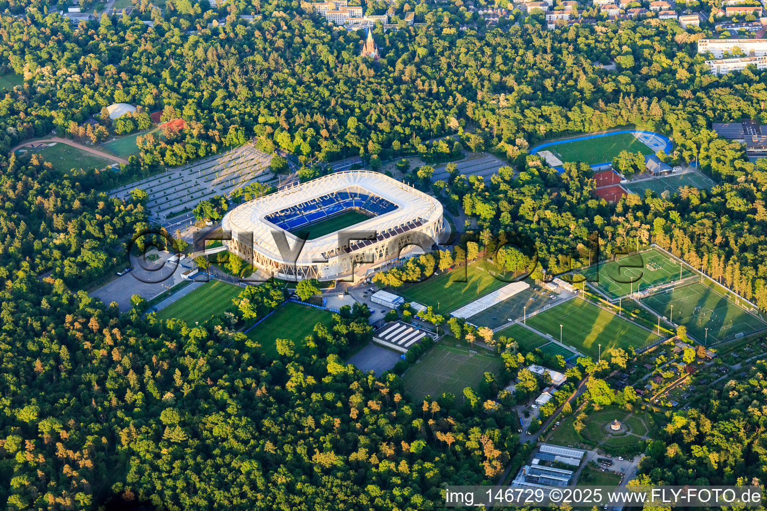 Aerial photograpy of Football stadium BBBank Wildpark of the KSC - Karlsruher Sport-Club in the district Innenstadt-Ost in Karlsruhe in the state Baden-Wuerttemberg, Germany