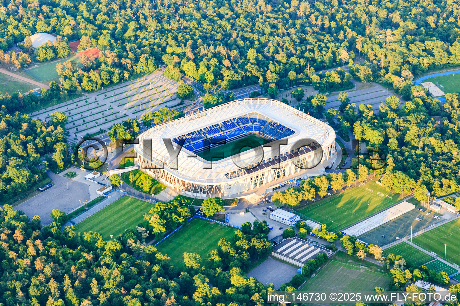 Oblique view of Football stadium BBBank Wildpark of the KSC - Karlsruher Sport-Club in the district Innenstadt-Ost in Karlsruhe in the state Baden-Wuerttemberg, Germany