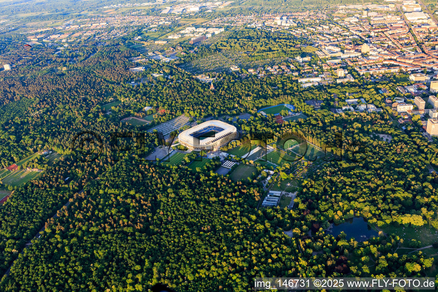 Football stadium BBBank Wildpark of the KSC - Karlsruher Sport-Club in the district Innenstadt-Ost in Karlsruhe in the state Baden-Wuerttemberg, Germany from above