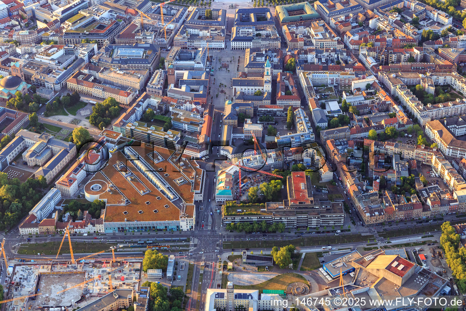 Market Square, Rondellplatz, Ettlinger Tor and Theaterbaustellele on Kriegsstr in the district Innenstadt-West in Karlsruhe in the state Baden-Wuerttemberg, Germany