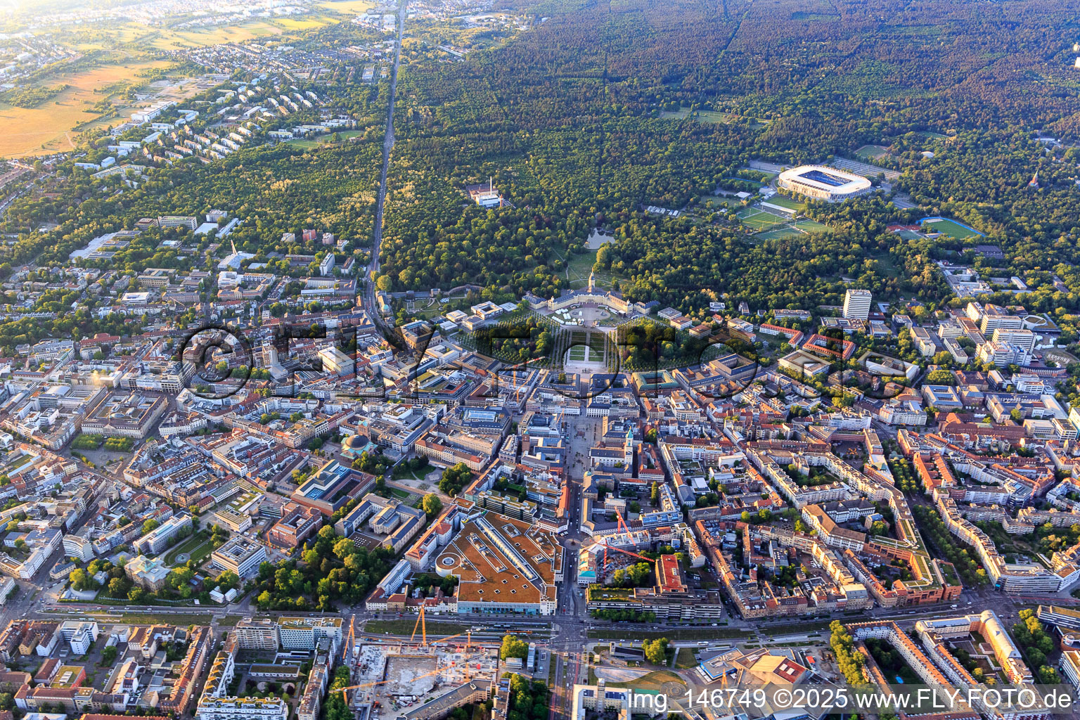 City overview from the south with Kriegstraße and Karl-Friedrich-Straße up to the castle in the district Innenstadt-West in Karlsruhe in the state Baden-Wuerttemberg, Germany