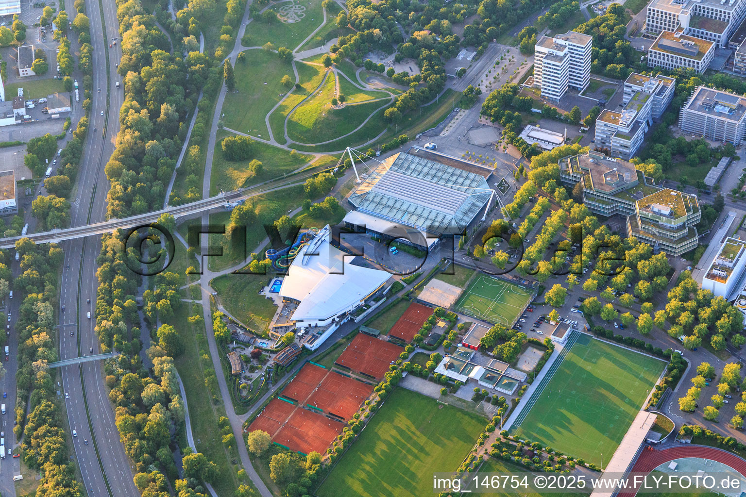 Mount Klotz, Europabad Karlsruhe and Europahalle in the district Südweststadt in Karlsruhe in the state Baden-Wuerttemberg, Germany