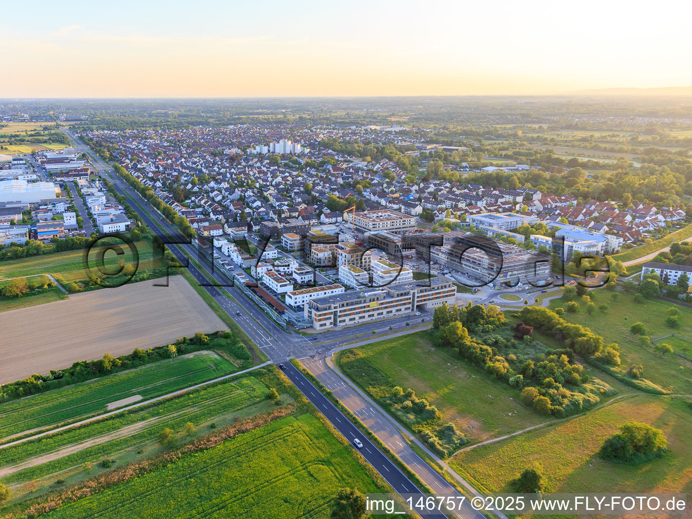 Aerial view of New buildings in Emil-Wachter-Straße with ASB Senior Center RheinLeben in the district Mörsch in Rheinstetten in the state Baden-Wuerttemberg, Germany
