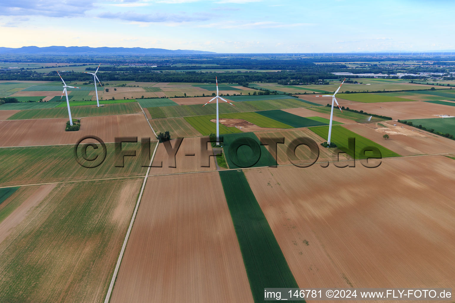 Wind farm Minfeld in Minfeld in the state Rhineland-Palatinate, Germany seen from above