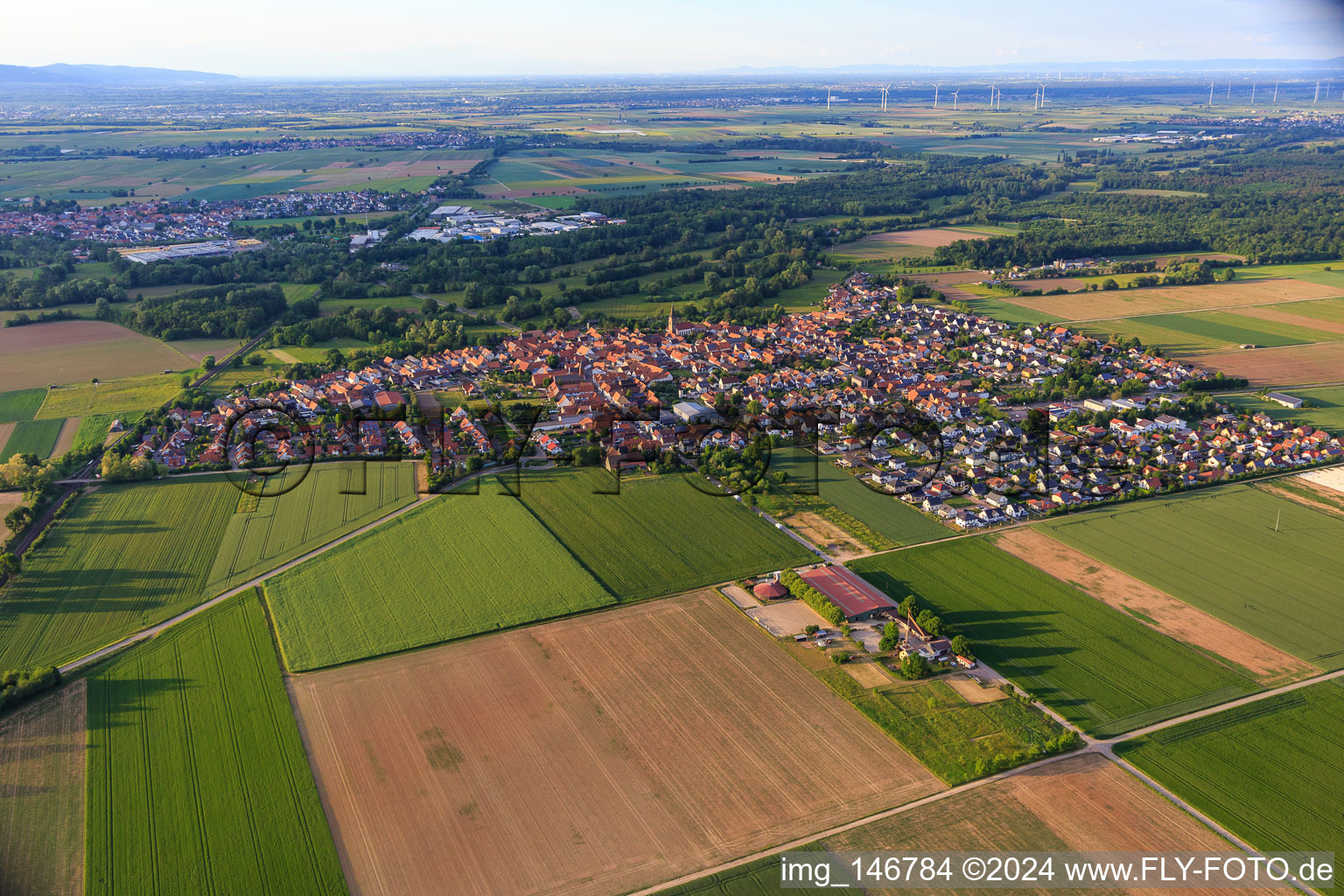 View of the town from the southwest in Steinweiler in the state Rhineland-Palatinate, Germany out of the air