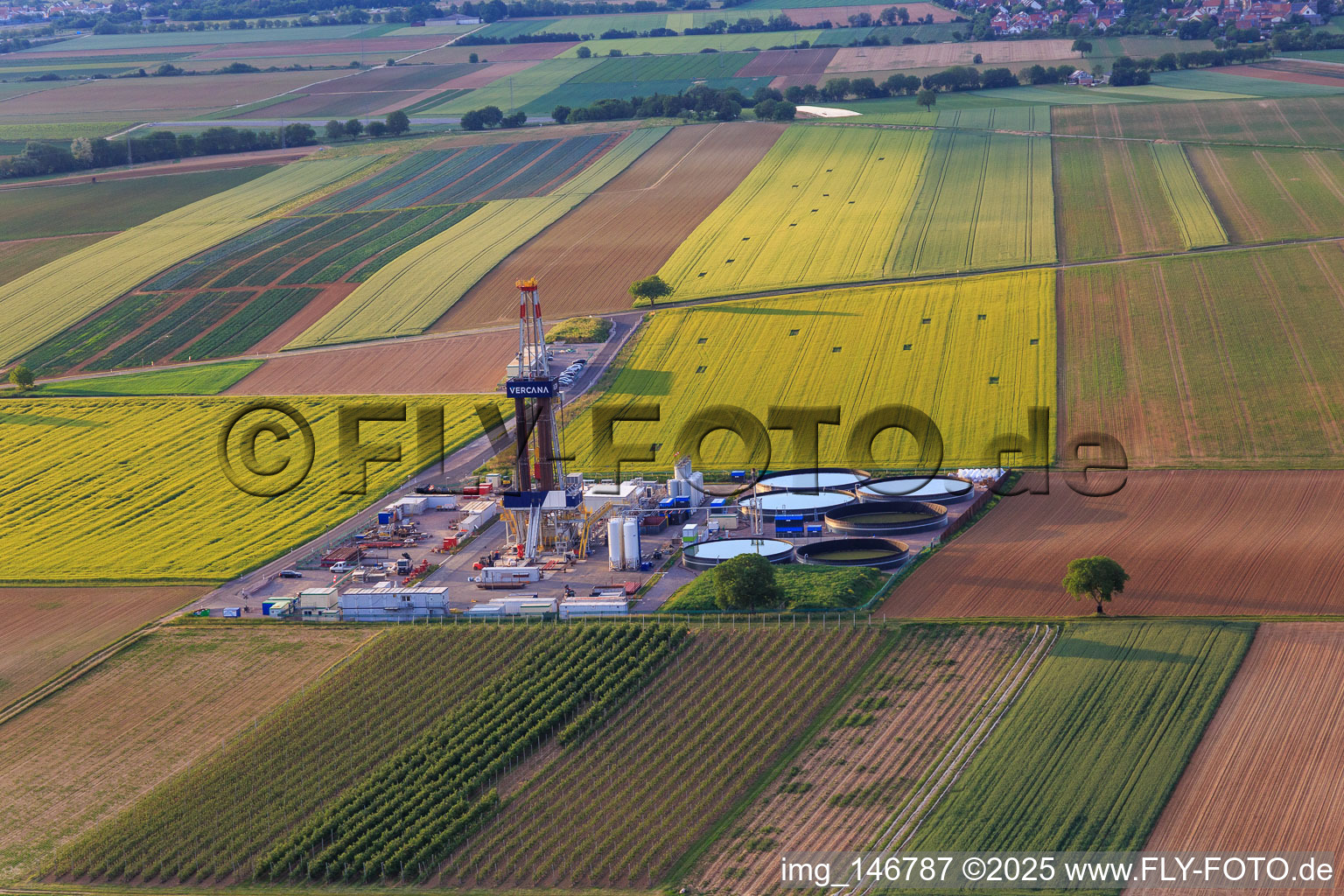 Aerial view of Drilling site of the deep drilling rig V20 of Vercana GmbH for Vulcan Energy at Schleidberg for the extraction of geothermal energy and lithium in Insheim in the state Rhineland-Palatinate, Germany