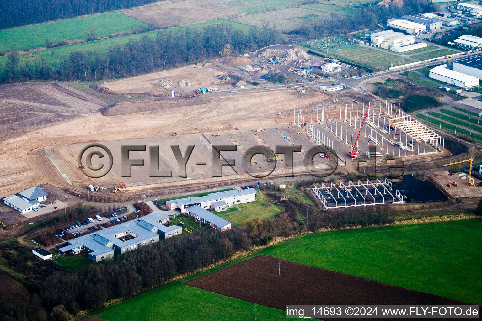 Industrial area Am Horst in the district Minderslachen in Kandel in the state Rhineland-Palatinate, Germany from the drone perspective