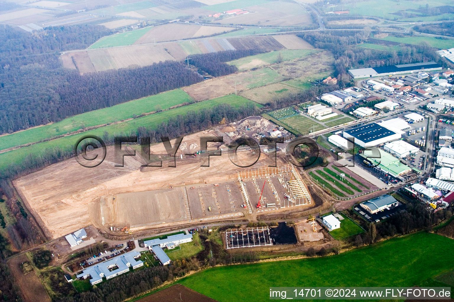 Aerial view of New building construction site in the industrial park Horst for Friedrich Zufall GmbH & Co. KG Internationale Spedition in the district Gewerbegebiet Horst in Kandel in the state Rhineland-Palatinate, Germany