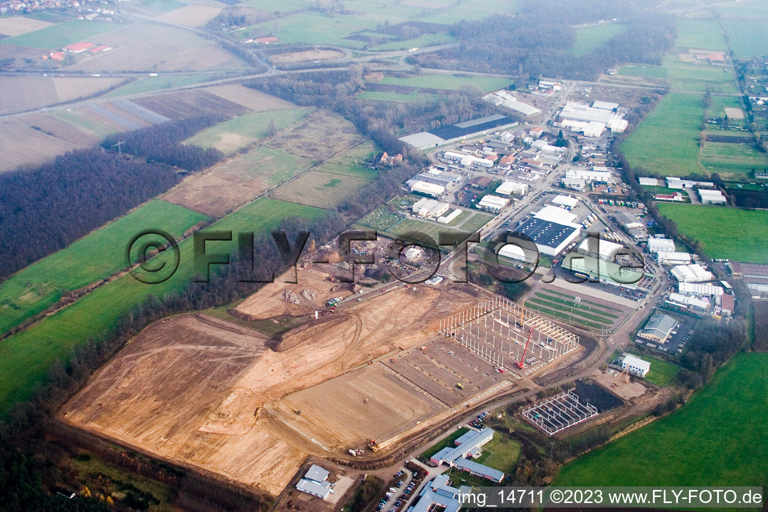 Am Horst industrial area in the district Minderslachen in Kandel in the state Rhineland-Palatinate, Germany from a drone