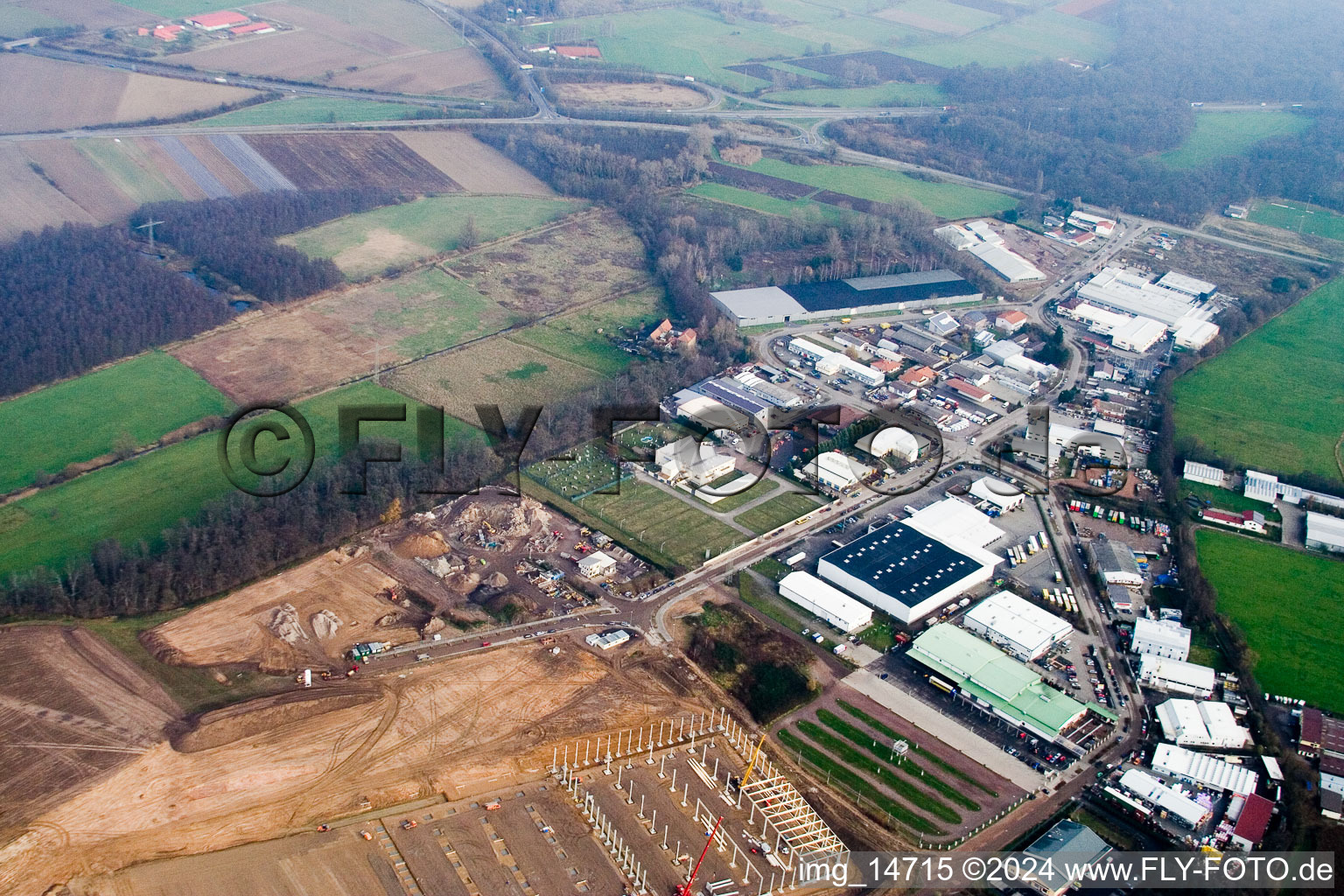 Aerial view of Industrial area Am Horst in the district Minderslachen in Kandel in the state Rhineland-Palatinate, Germany