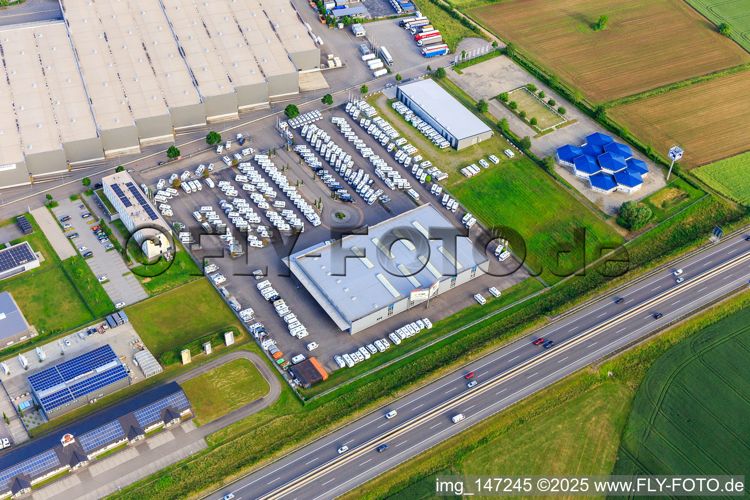 Industrial area on the A5. Krämer MEGA STORE Ettenheim and Ernst Caravan and Leisure Center GmbH in the district Orschweier in Mahlberg in the state Baden-Wuerttemberg, Germany