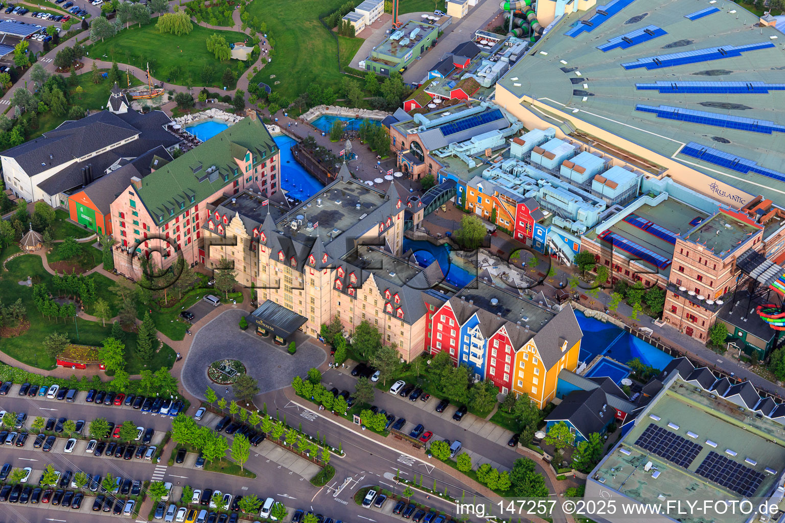 Aerial view of 4-star superior adventure hotel "Krønasår" in the Rulantica of Europa-Park Rust in Rust in the state Baden-Wuerttemberg, Germany