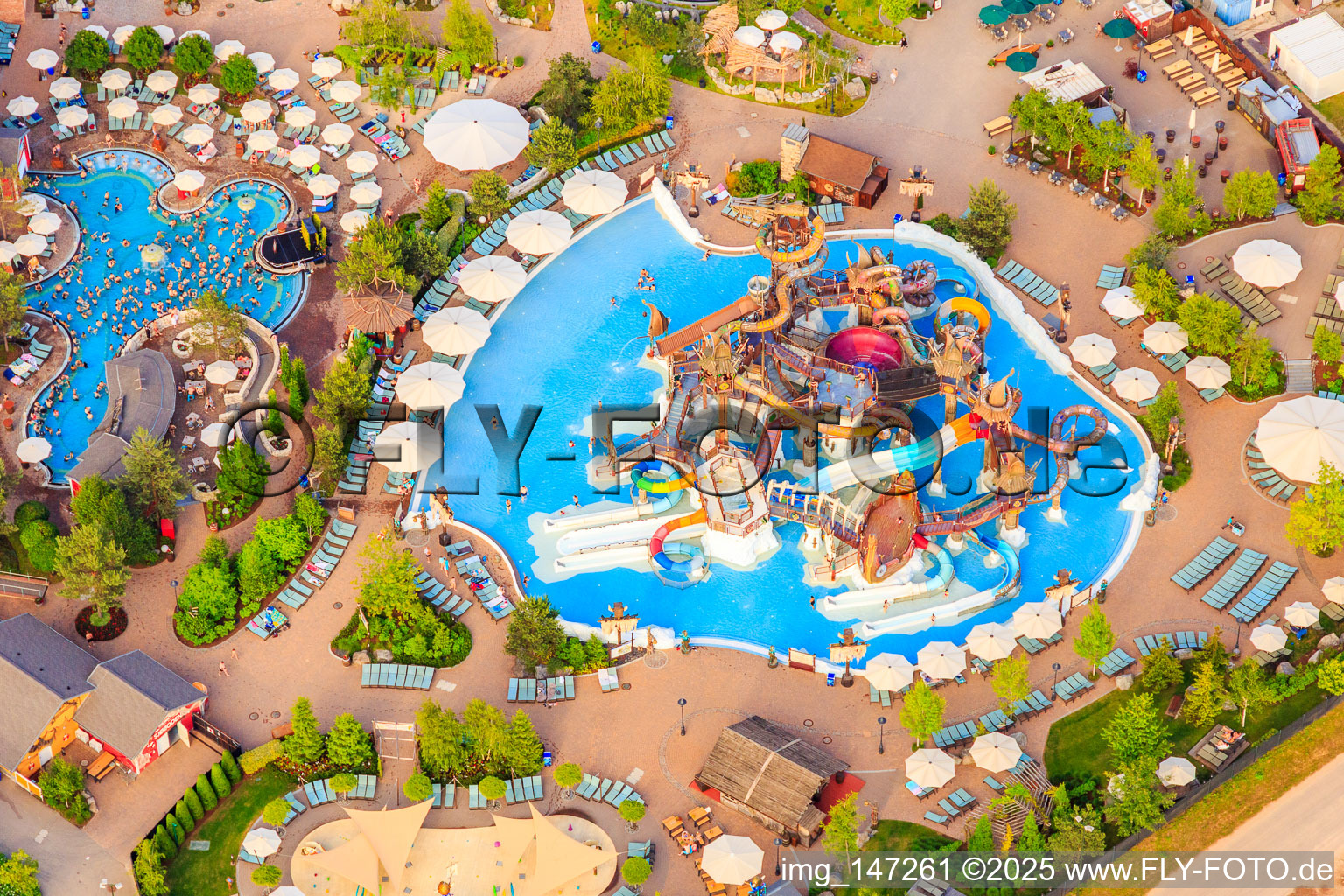 Aerial view of Svalgurok, Spiralrok - spiral slide and Slalomrok - wild slalom slide in Rulantica in Europapark Rust in Rust in the state Baden-Wuerttemberg, Germany