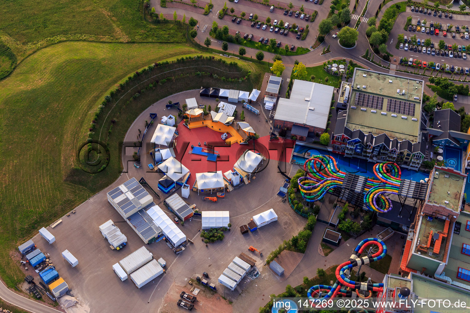Aerial view of Vildfål - Freefall slide and "Always Sundays" arena of Rulantica in Europa-Park Rust in Rust in the state Baden-Wuerttemberg, Germany