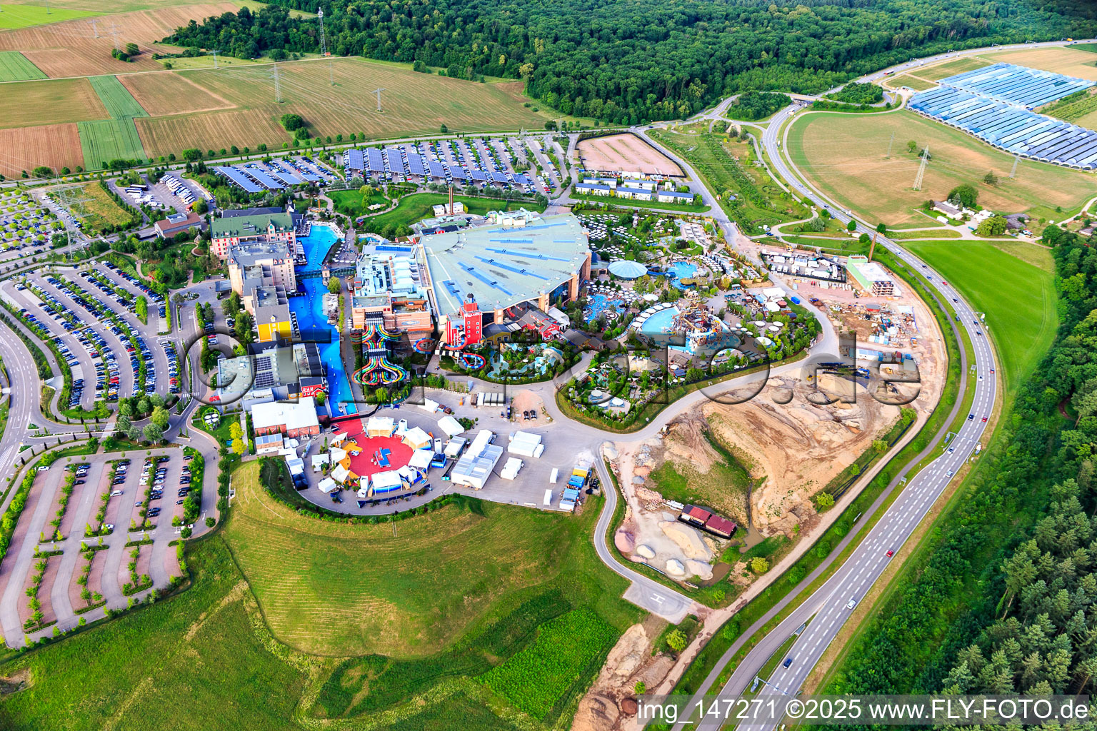 Oblique view of Rulantica in Europa-Park Rust in Rust in the state Baden-Wuerttemberg, Germany