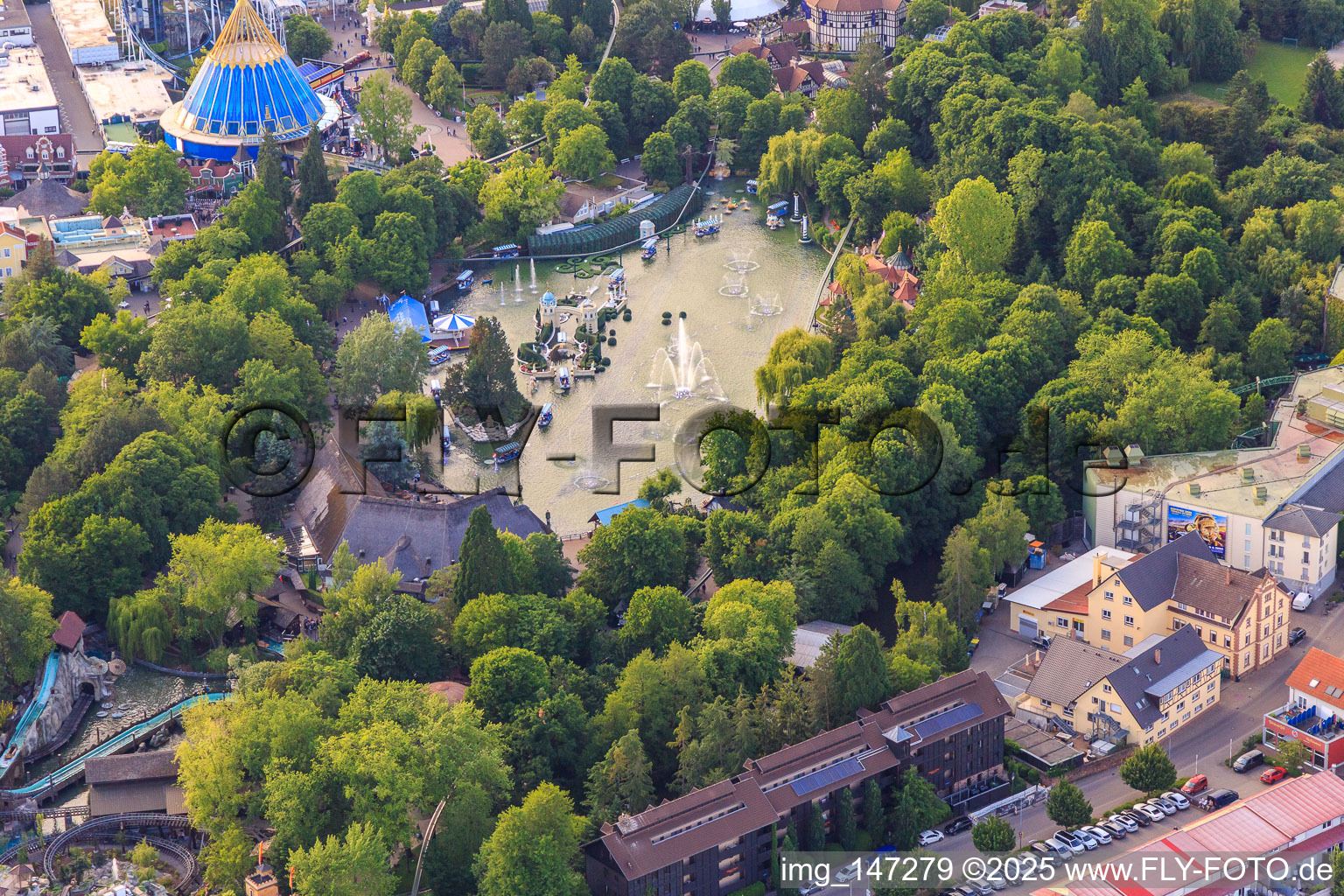 Aerial view of FoodLoop, Josefina's Imperial Magic Journey and Wichtelhausen of Europapark Rust in Rust in the state Baden-Wuerttemberg, Germany