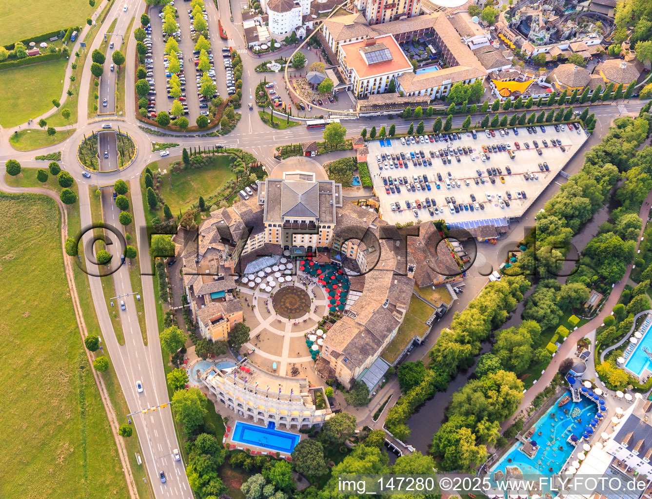 Aerial view of Adventure Hotel "Colosseo" with Wellness & Spa in Europa-Park Rust in Rust in the state Baden-Wuerttemberg, Germany