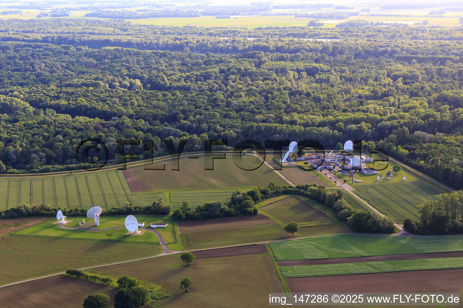 Parabolic radio antennas of the Federal Intelligence Service branch office Rheinhausen in the district Niederhausen in Rheinhausen in the state Baden-Wuerttemberg, Germany