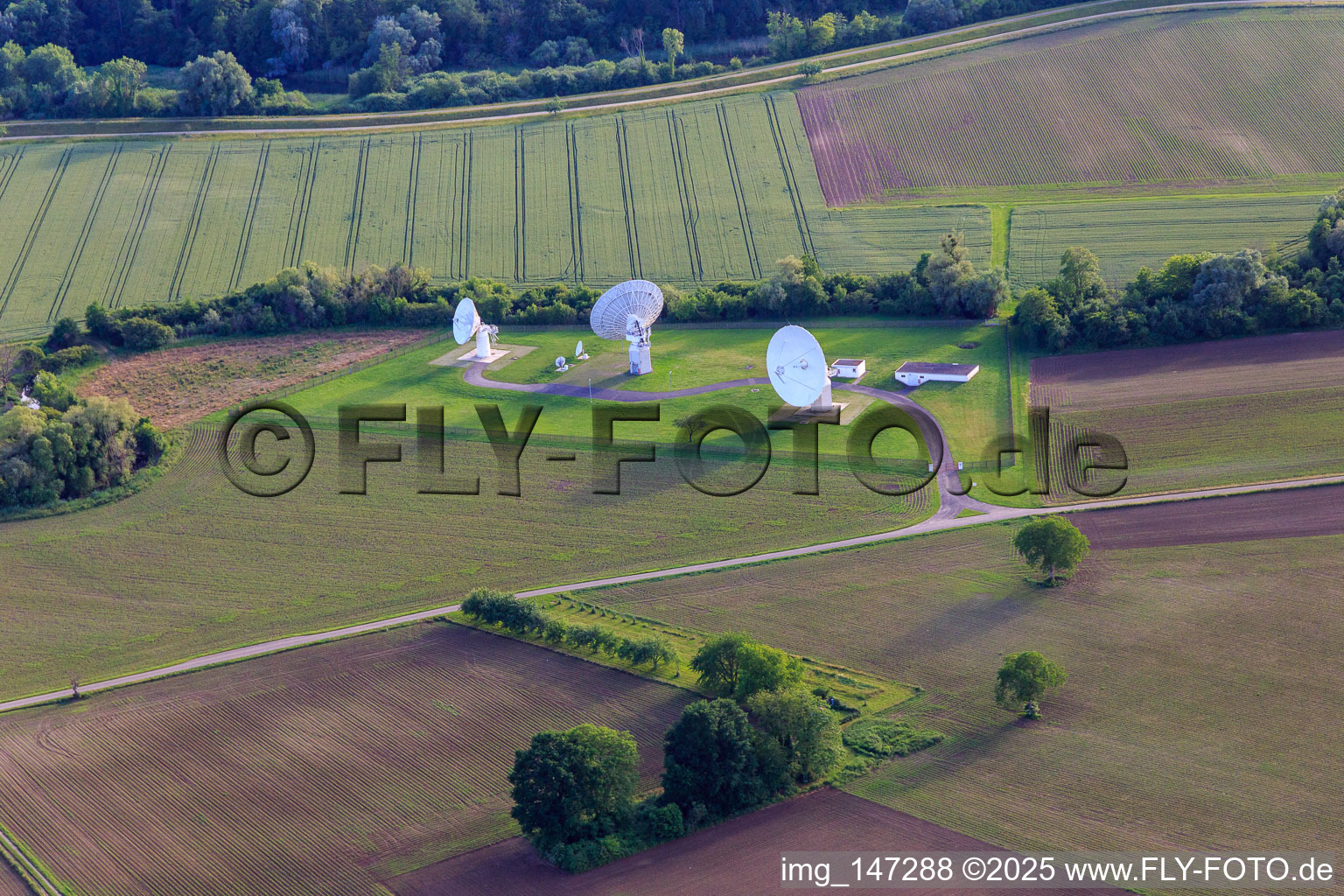 Aerial photograpy of Parabolic radio antennas of the Federal Intelligence Service branch office Rheinhausen in the district Niederhausen in Rheinhausen in the state Baden-Wuerttemberg, Germany
