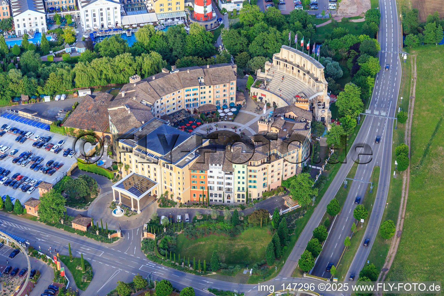 Aerial photograpy of Adventure Hotel "Colosseo" with Wellness & Spa in Europa-Park Rust in Rust in the state Baden-Wuerttemberg, Germany