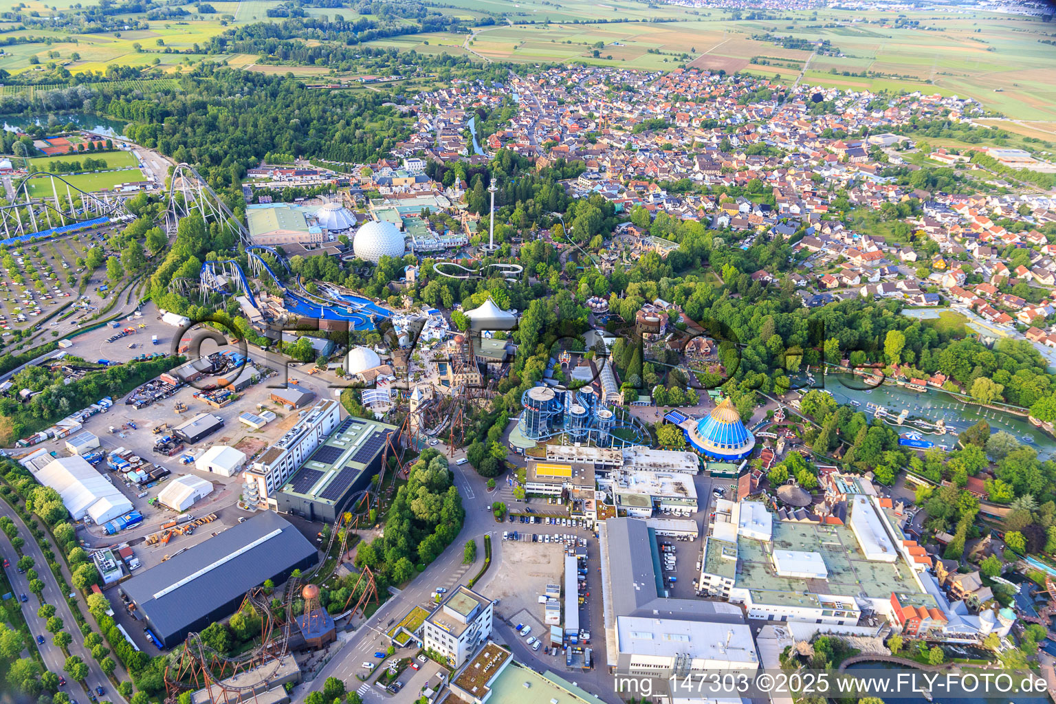 Overview of the classic part of Europa-Park Rust in Rust in the state Baden-Wuerttemberg, Germany