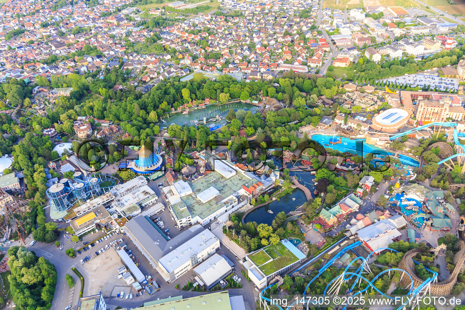 Overview of the classic part with Fjord Rafting and Blue Fire Megacoaster of Europapark Rust in Rust in the state Baden-Wuerttemberg, Germany