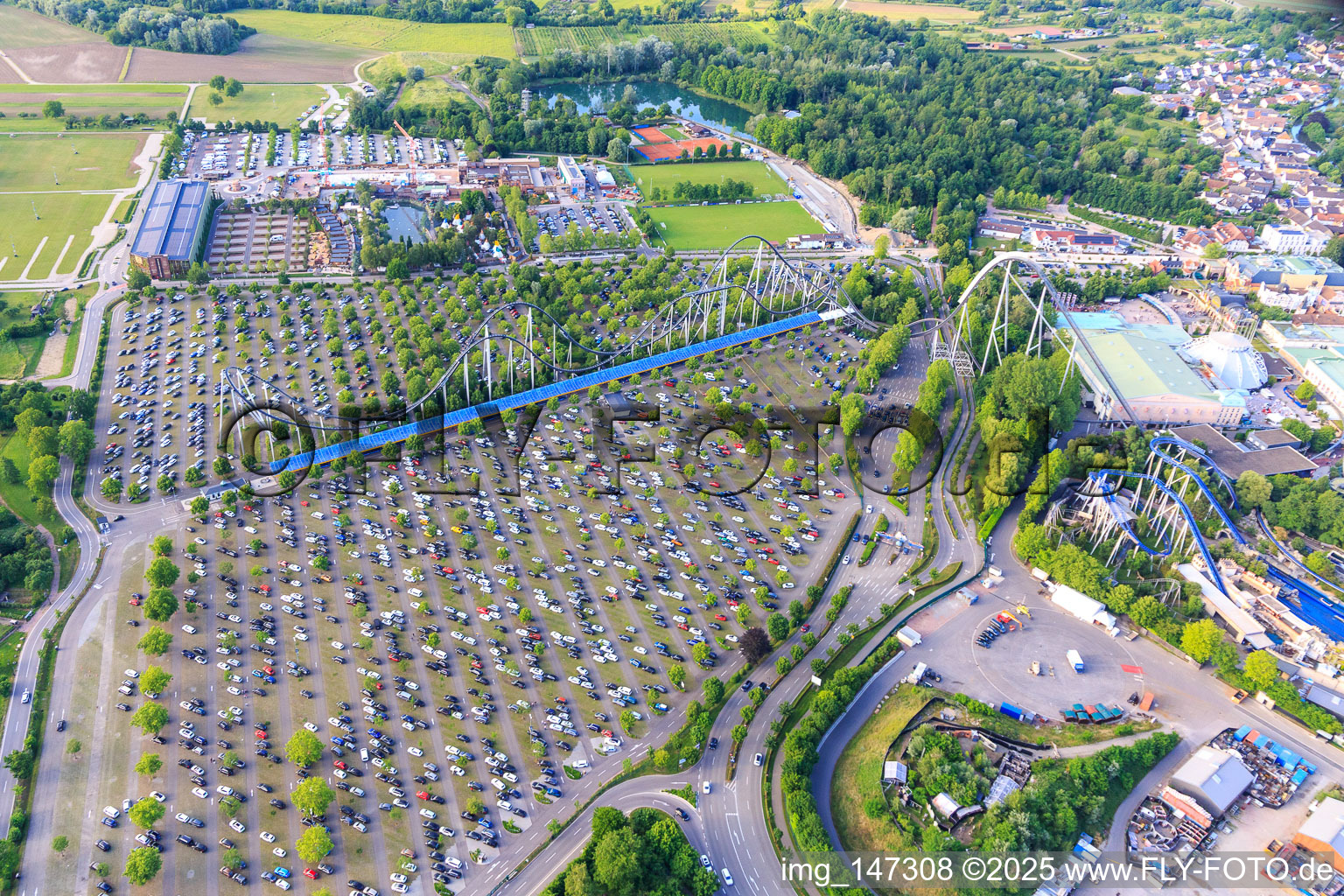 Parking with Silver Star of Europapark Rust in Rust in the state Baden-Wuerttemberg, Germany