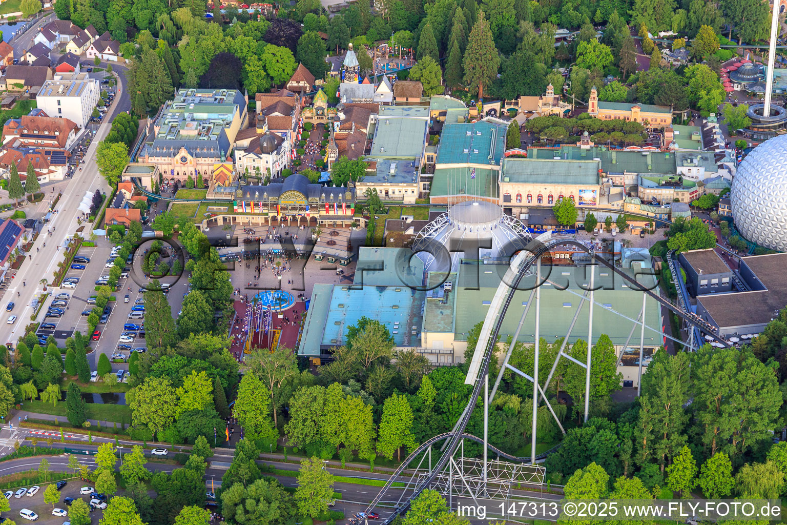 Main entrance with Europa-Park Dome and EP-Express station "Alexanderplatz" of Europa-Park Rust in Rust in the state Baden-Wuerttemberg, Germany