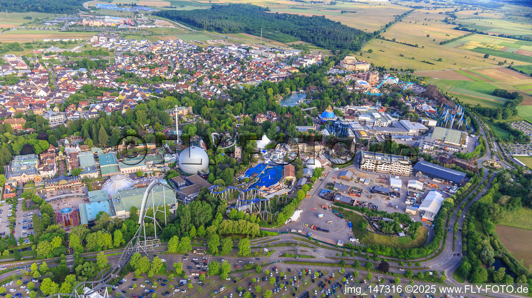Overview of the classic part of Europa-Park Rust from the west in Rust in the state Baden-Wuerttemberg, Germany