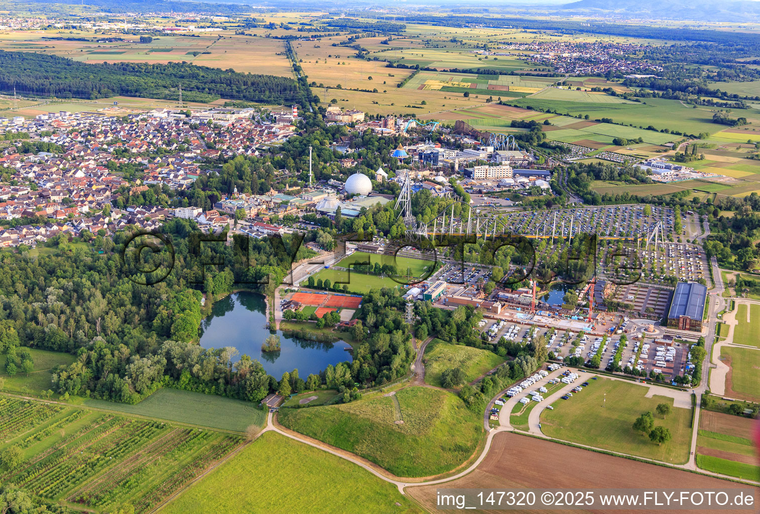 View of Europapark Rust from the north behind the bathing lake Rust (Allmendsee) - OG31 in Rust in the state Baden-Wuerttemberg, Germany