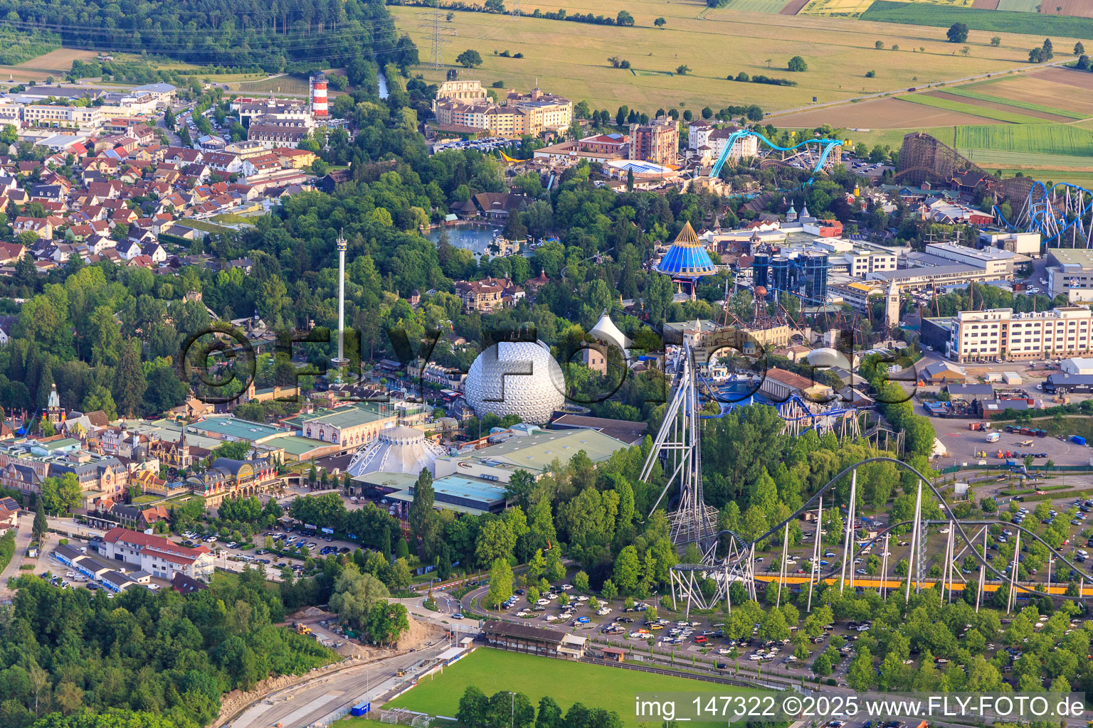 View from the north with Euro-Tower Eurosat - CanCan Coaster, Europa-Park Dome of Europapark Rust in Rust in the state Baden-Wuerttemberg, Germany