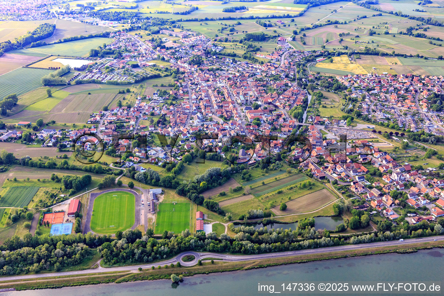 View of the town on the Rhine with Tennis Club Rhinau and Football Club de Rhinau - FCR in Rhinau in the state Bas-Rhin, France