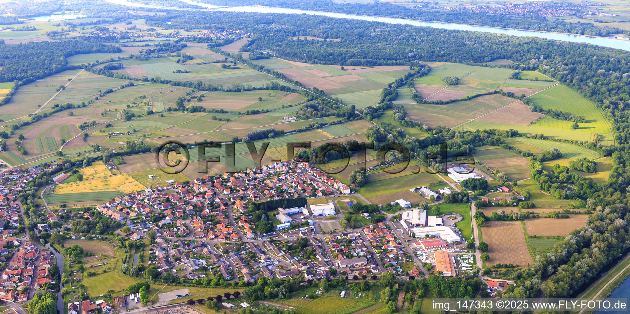View of the town on the Rhine from the south in Rhinau in the state Bas-Rhin, France
