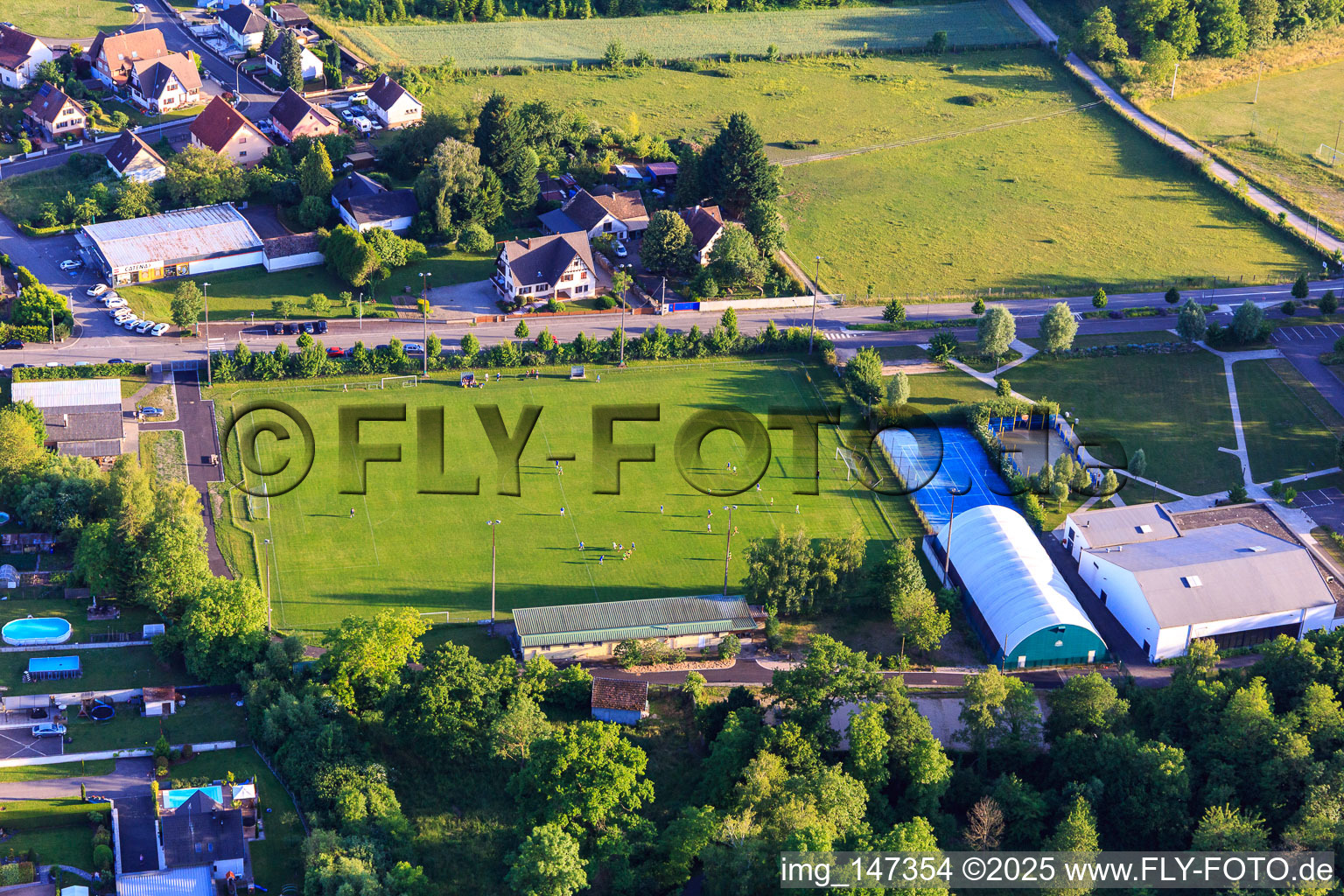 Football pitch at the Salle polyvalente in Wittisheim in the state Bas-Rhin, France