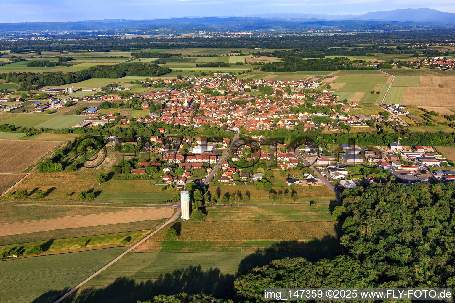 View of the town from the west behind the water tower in Sundhouse in the state Bas-Rhin, France