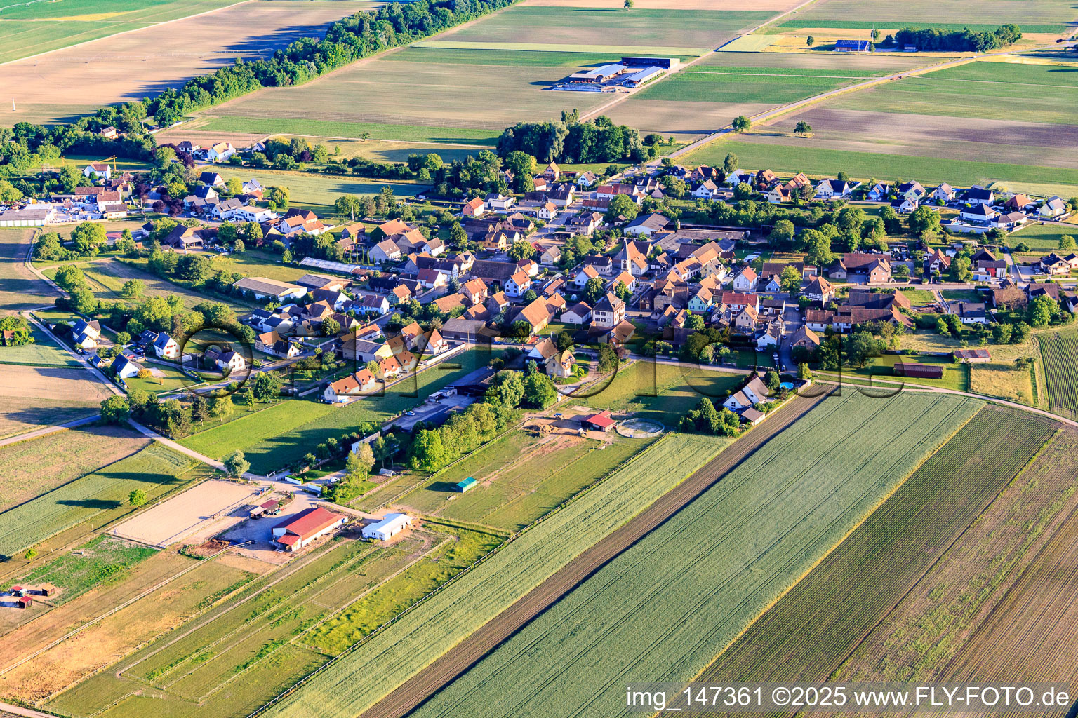 Aerial view of Village view from the north in Schwobsheim in the state Bas-Rhin, France