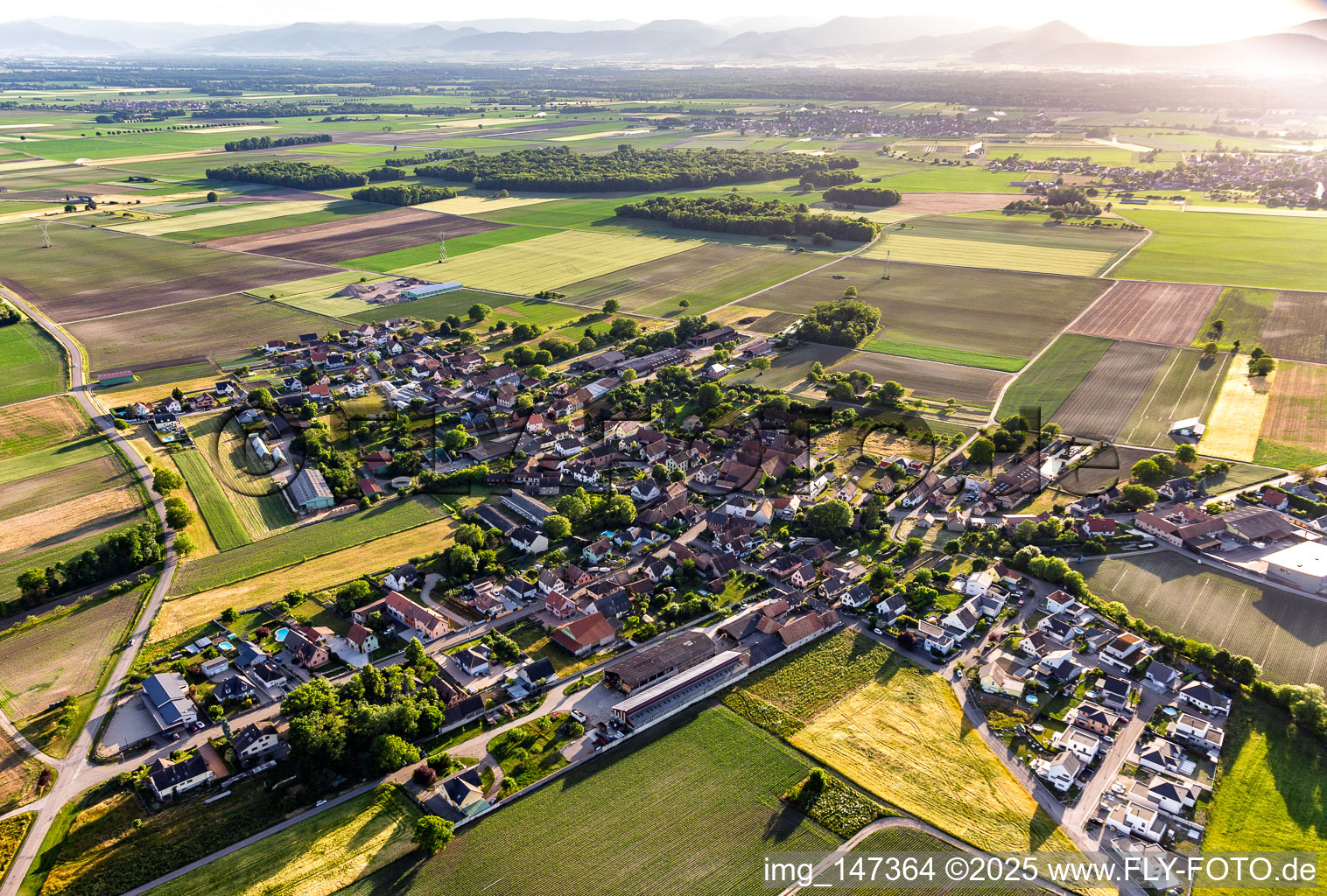 Village view from the northeast in Bösenbiesen in the state Bas-Rhin, France