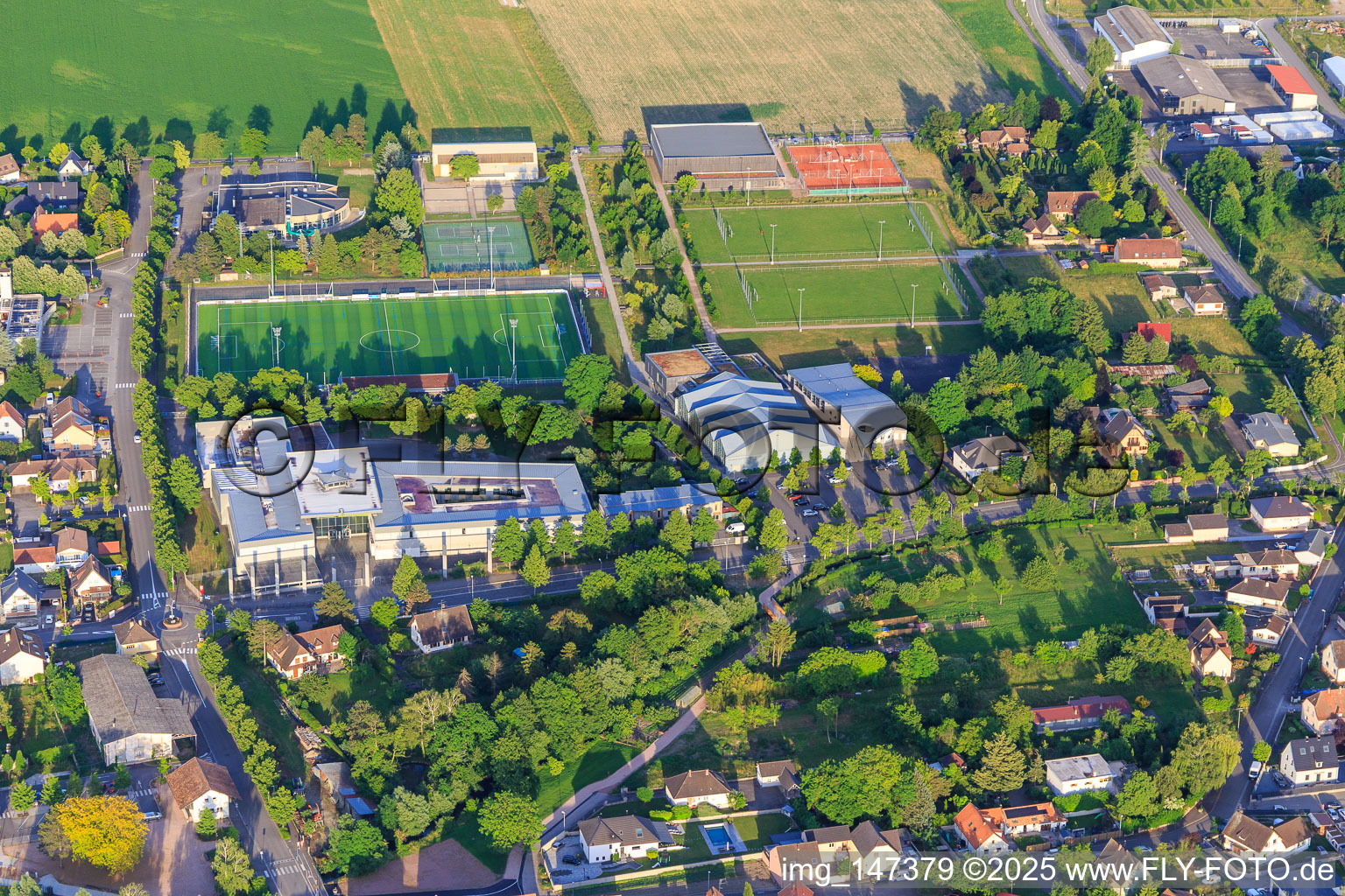 Aquaried swimming pool and football pitch at the Jean-Jacques Waltz High School and Gymnasium in Marckolsheim in the state Bas-Rhin, France
