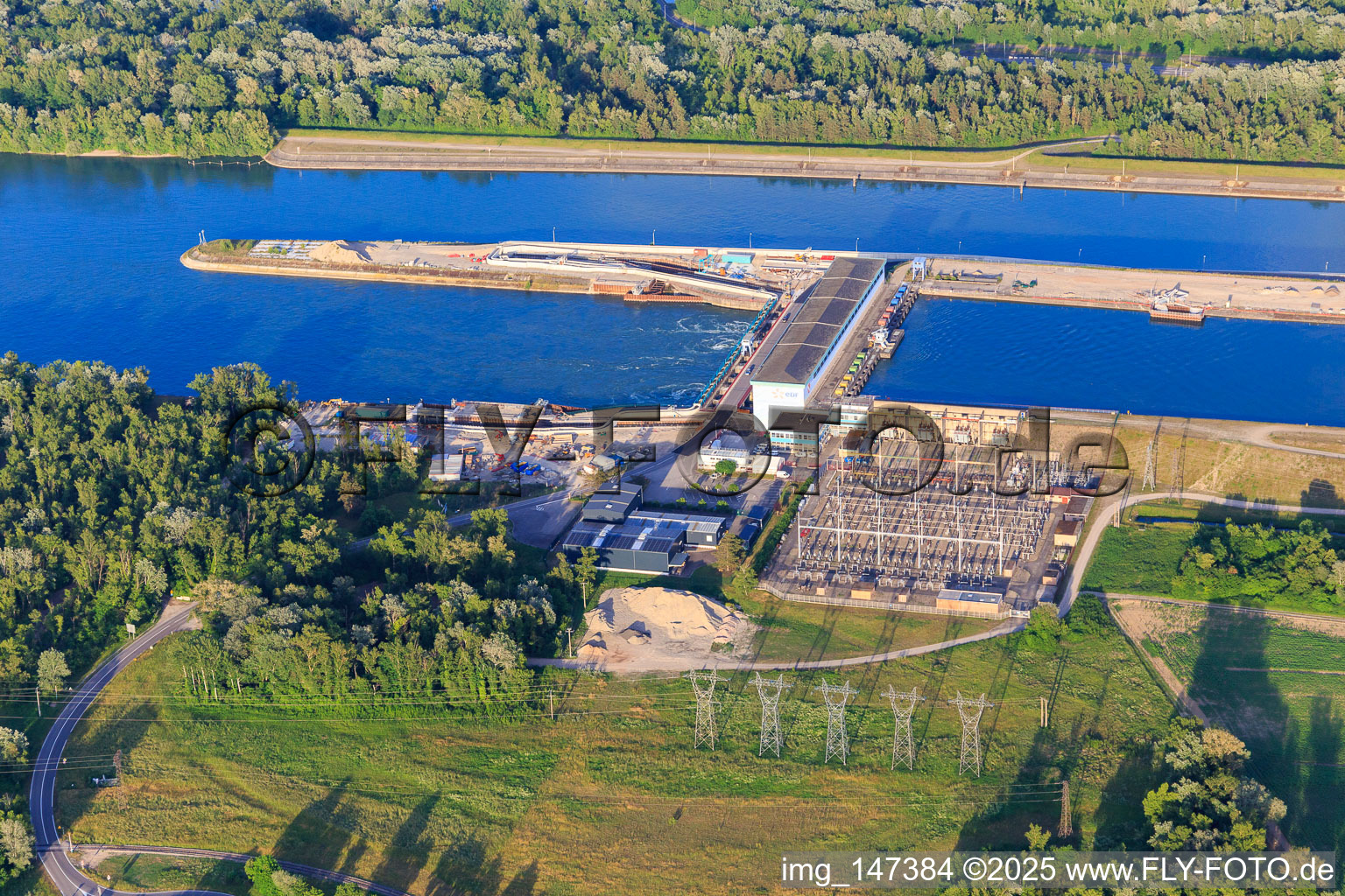 Rhine lock with transformer station and hydroelectric power plant Marckolsheim of EDF in Marckolsheim in the state Bas-Rhin, France