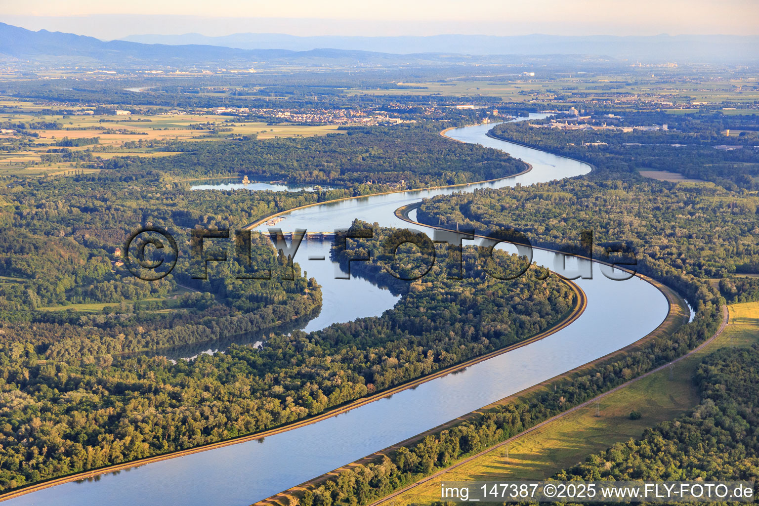 Rhine island from the north with EDF de Rhinau dam in Artzenheim in the state Haut-Rhin, France