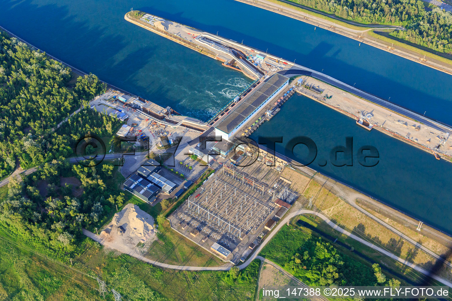 Aerial view of Rhine lock with transformer station and hydroelectric power plant Marckolsheim of EDF in Marckolsheim in the state Bas-Rhin, France