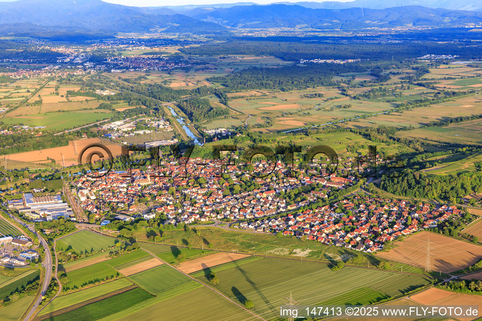 City view from the west in Riegel am Kaiserstuhl in the state Baden-Wuerttemberg, Germany