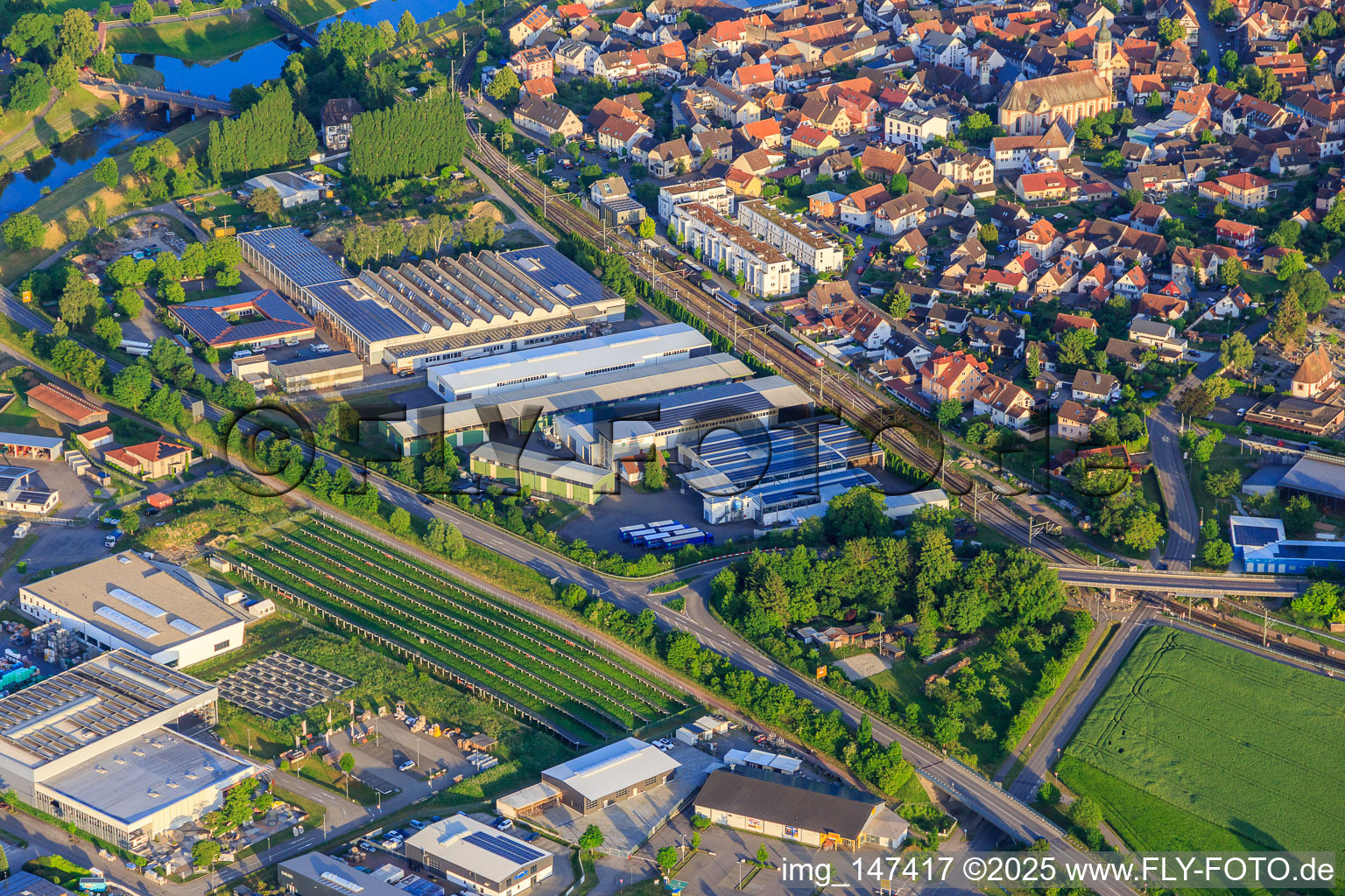 Leopoldstraße industrial area with G Herbert Hipp Verpackungs GmbH and VCM in Riegel am Kaiserstuhl in the state Baden-Wuerttemberg, Germany