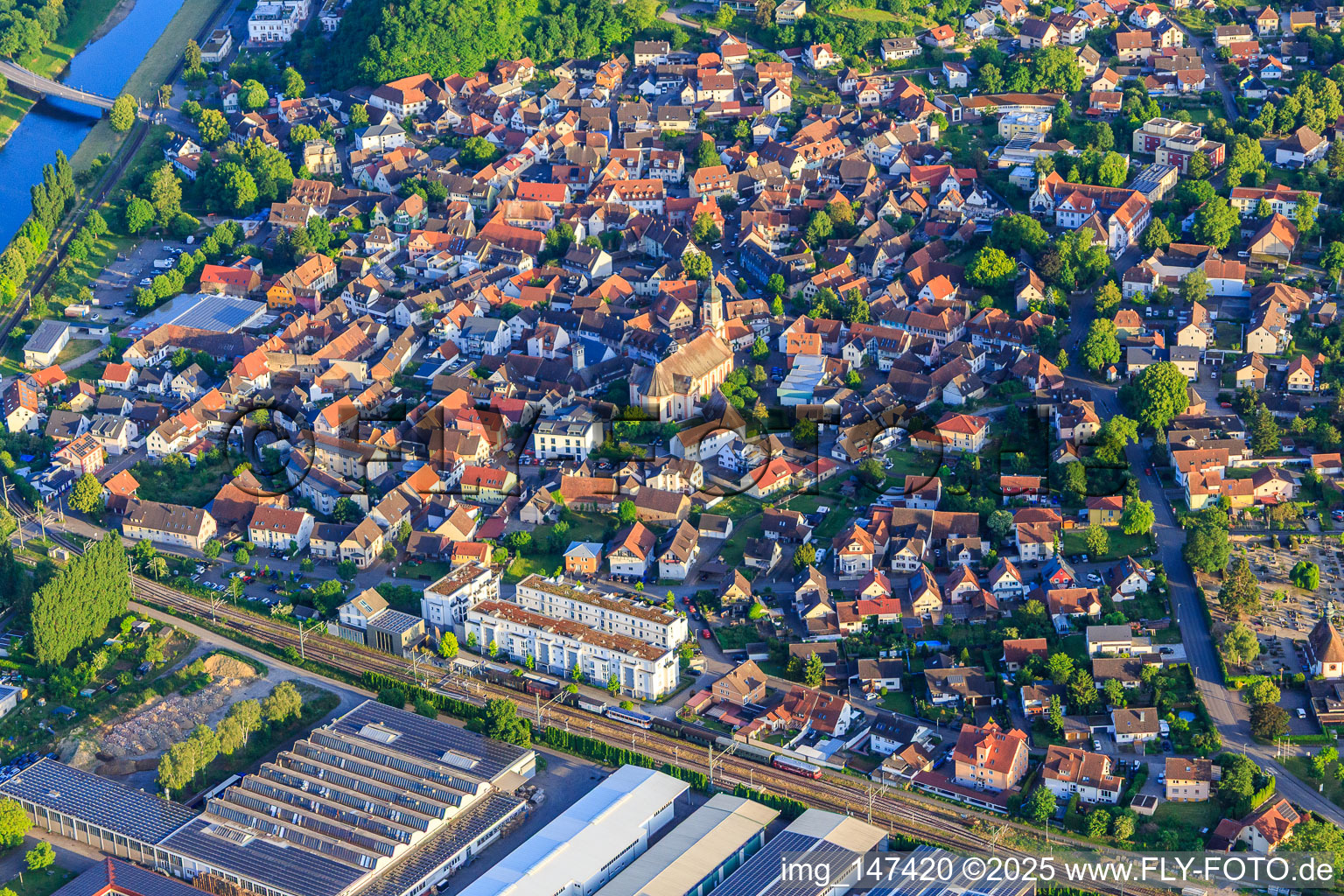 Aerial view of City overview at the Leopold Canal from the north in Riegel am Kaiserstuhl in the state Baden-Wuerttemberg, Germany