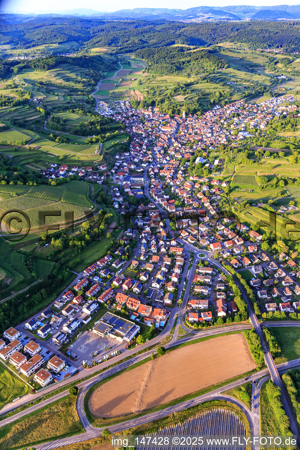 Aerial view of View of the wine-growing village from the southwest in Malterdingen in the state Baden-Wuerttemberg, Germany